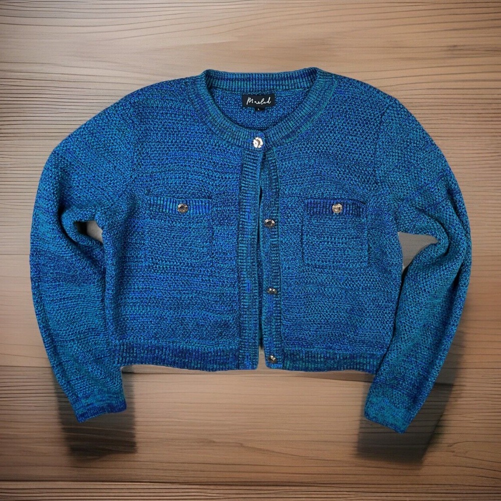 Marled Knit Sweater Cardigan‎ Metallic Preppy Gold Buttons Women Sz L Blue Green